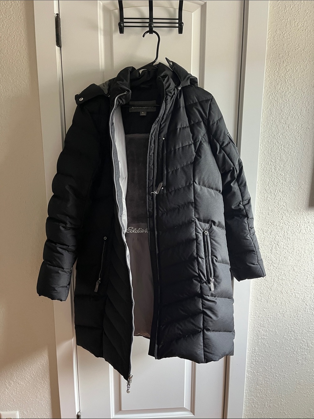 Eddie Bauer Black Women's Long Stadium Coat with Faux Fur Hood